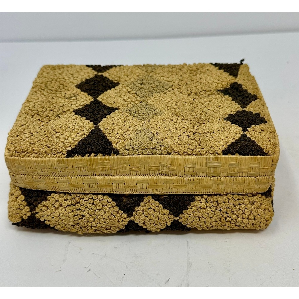 Vintage Hand Woven Raffia Straw Decorative Box Diamond Pattern Boho Decor 6.5"